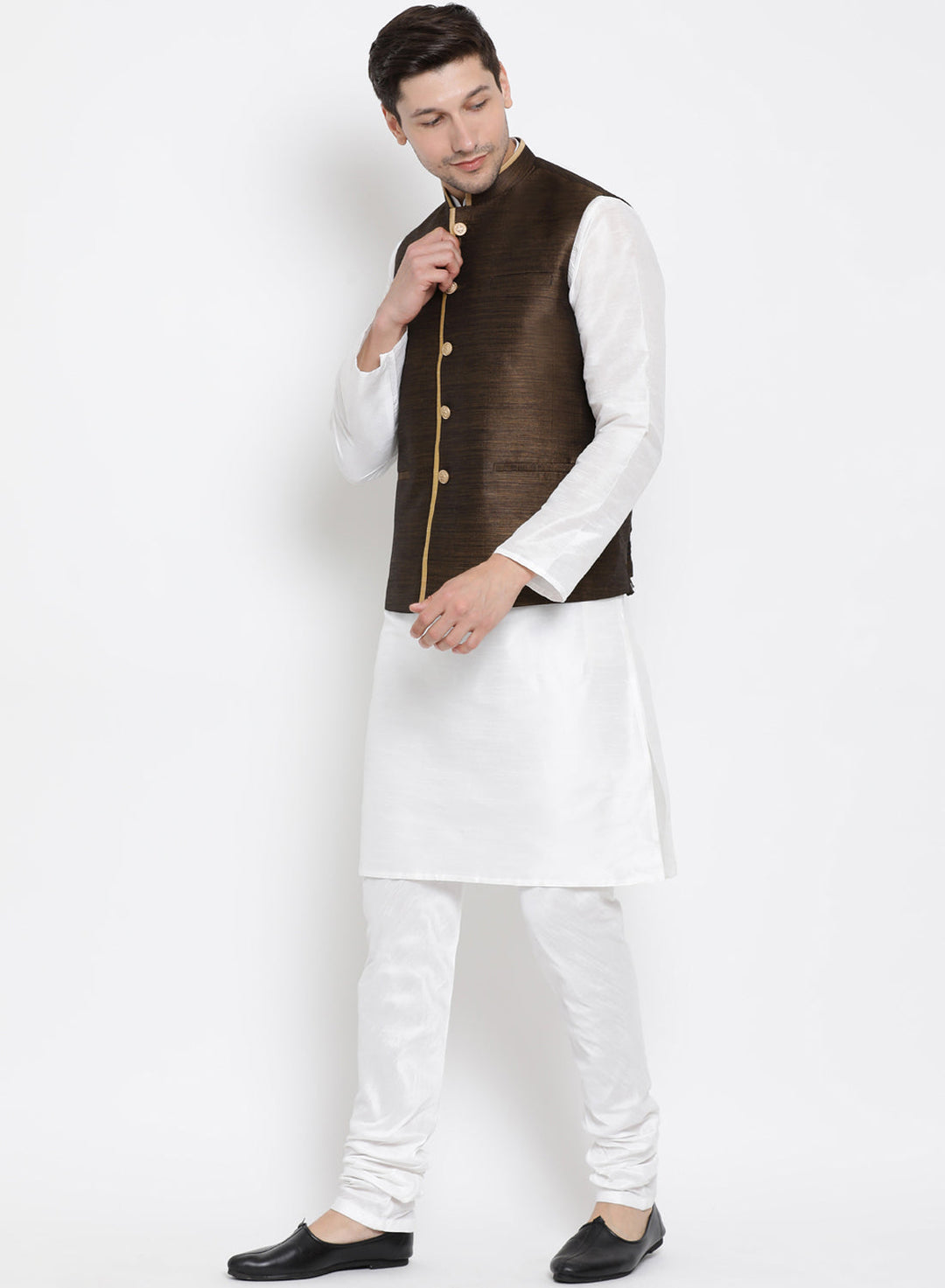 Sarvati Men's White Cotton Silk Blend Kurta, Ethnic Jacket and Pyjama Set