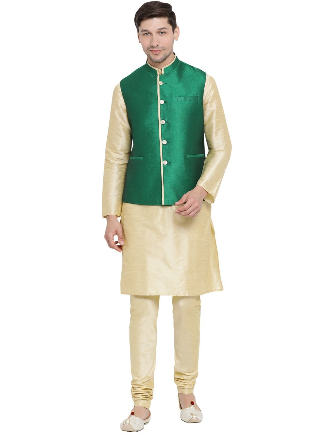 Sarvati Men's Gold Cotton Silk Blend Kurta, Ethnic Jacket and Pyjama Set