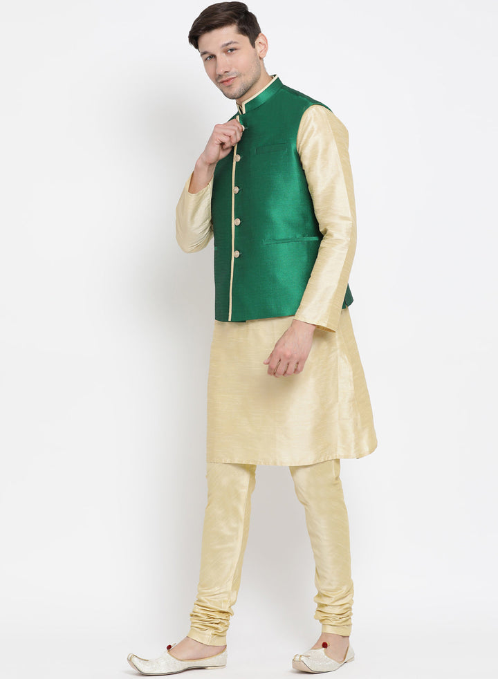 Sarvati Men's Gold Cotton Silk Blend Kurta, Ethnic Jacket and Pyjama Set