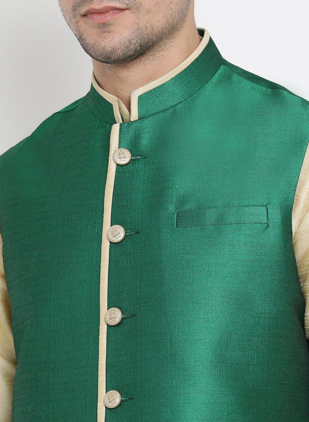 Sarvati Men's Gold Cotton Silk Blend Kurta, Ethnic Jacket and Pyjama Set