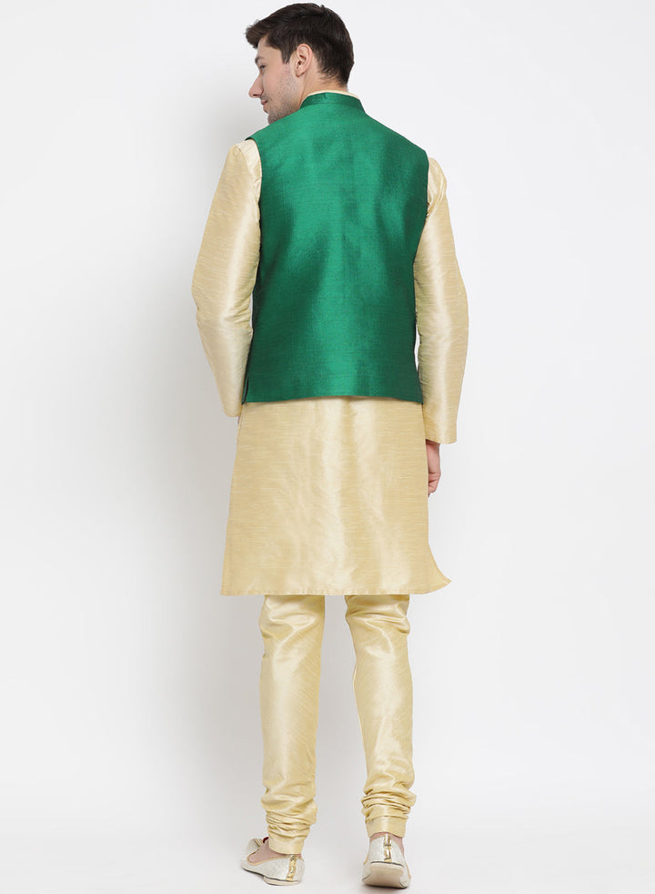 Sarvati Men's Gold Cotton Silk Blend Kurta, Ethnic Jacket and Pyjama Set