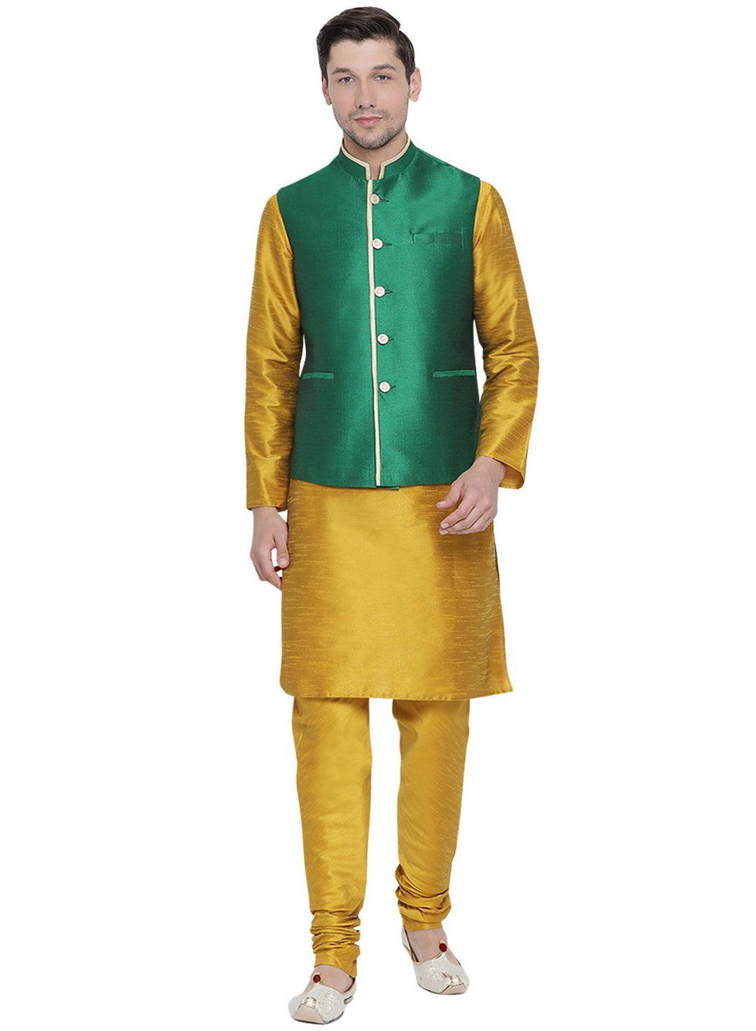 Sarvati Men's Yellow Cotton Silk Blend Kurta, Ethnic Jacket and Pyjama Set