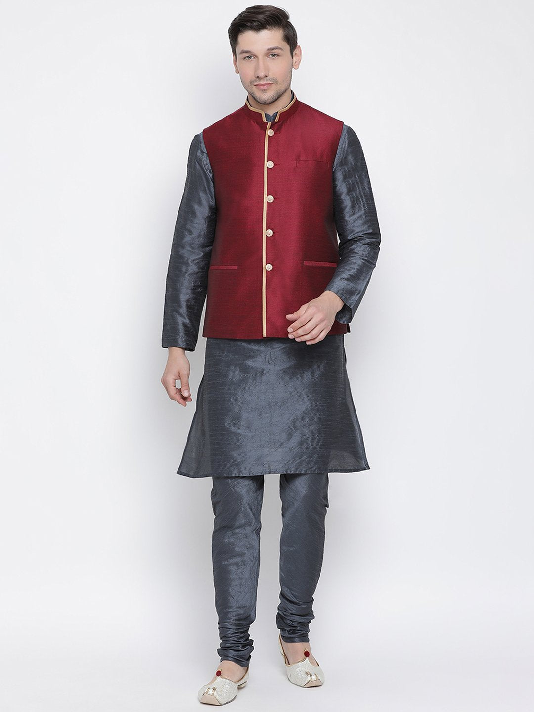 Sarvati Men's Grey Cotton Silk Blend Kurta, Ethnic Jacket and Pyjama Set