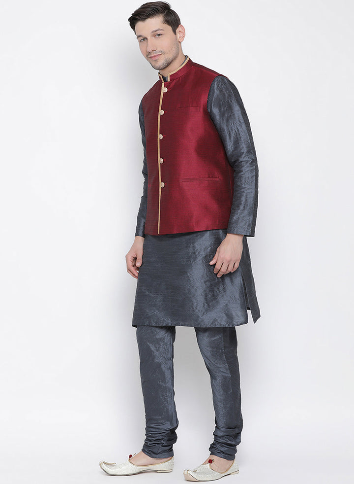 Sarvati Men's Grey Cotton Silk Blend Kurta, Ethnic Jacket and Pyjama Set