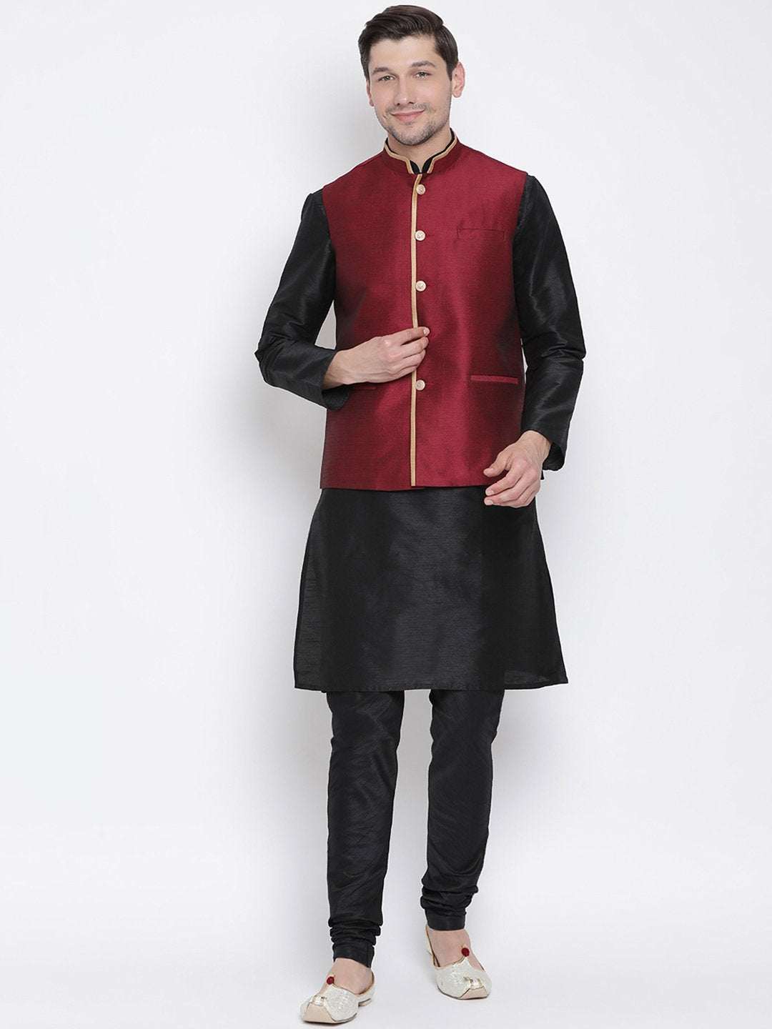 Sarvati Men's Black Cotton Silk Blend Kurta, Ethnic Jacket and Pyjama Set