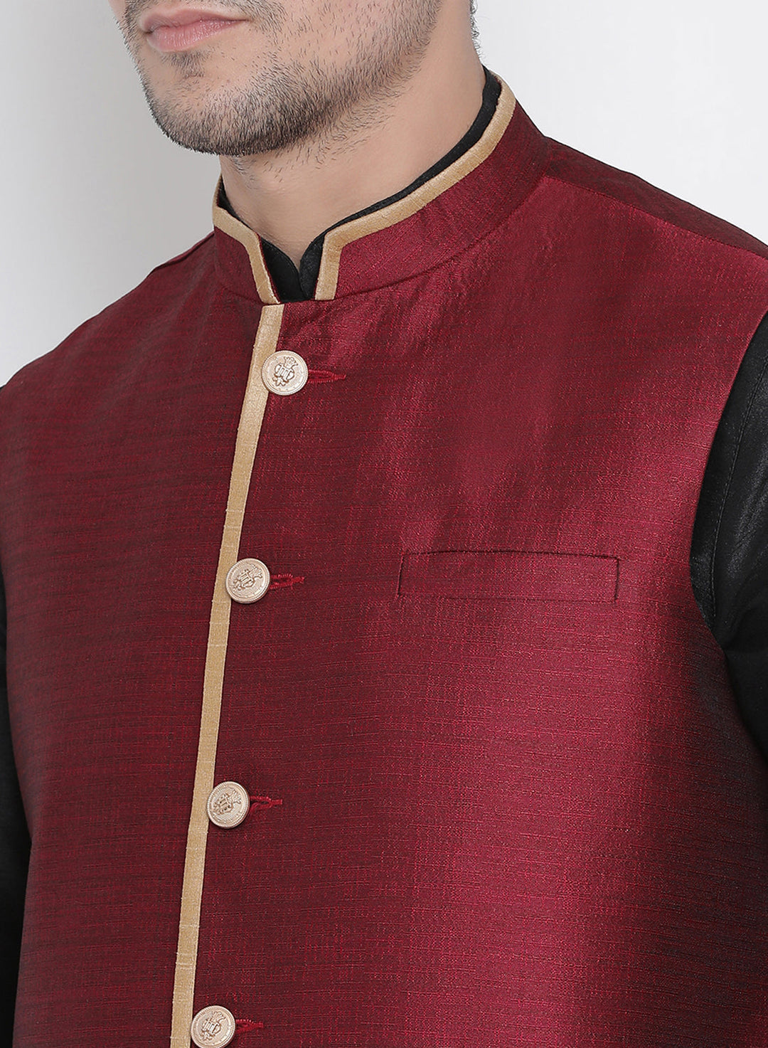 Sarvati Men's Black Cotton Silk Blend Kurta, Ethnic Jacket and Pyjama Set