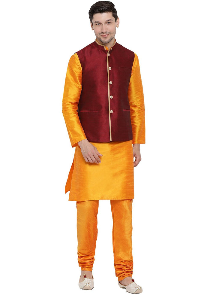 Sarvati Men's Orange Cotton Silk Blend Kurta, Ethnic Jacket and Pyjama Set