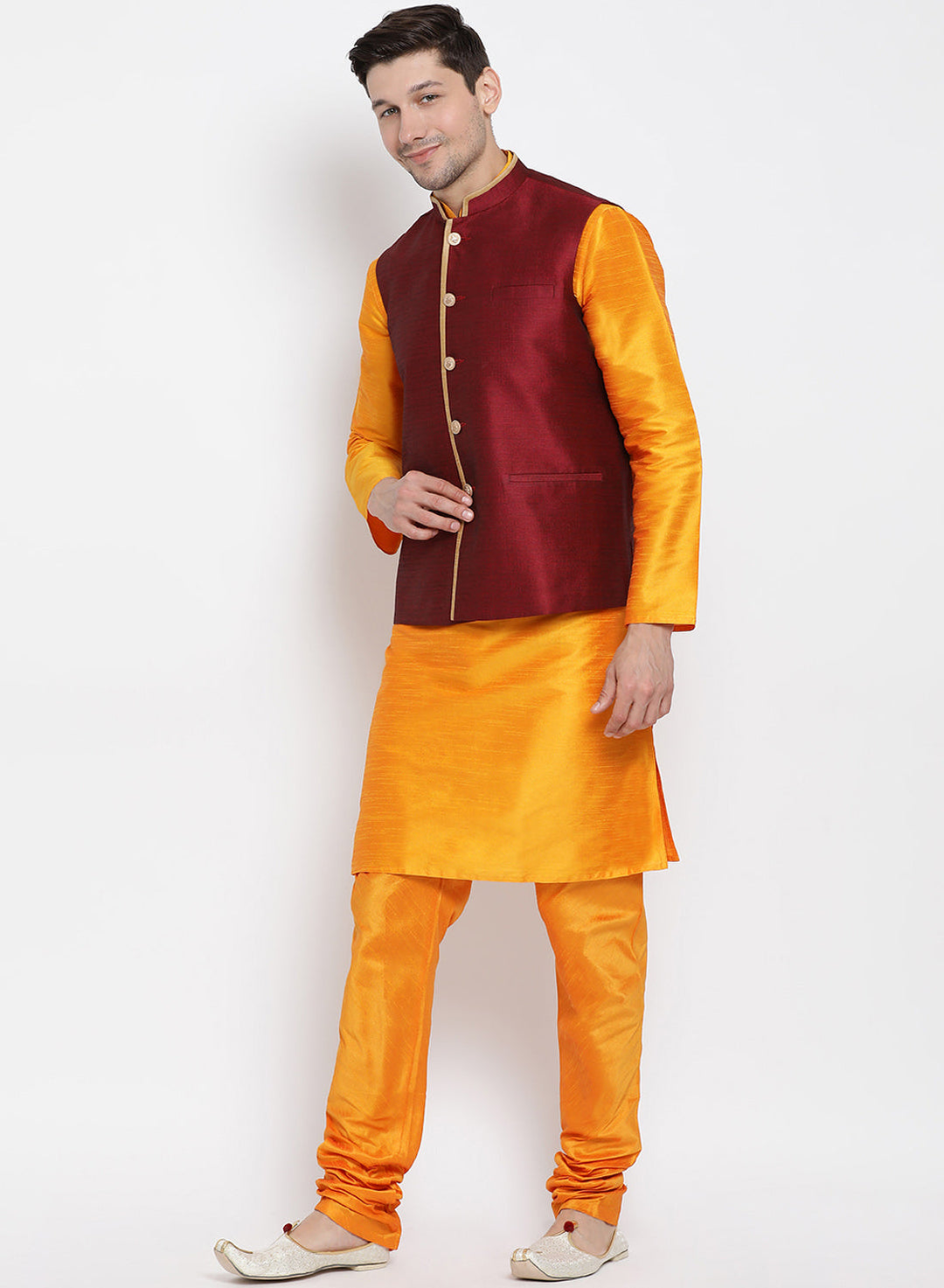 Sarvati Men's Orange Cotton Silk Blend Kurta, Ethnic Jacket and Pyjama Set