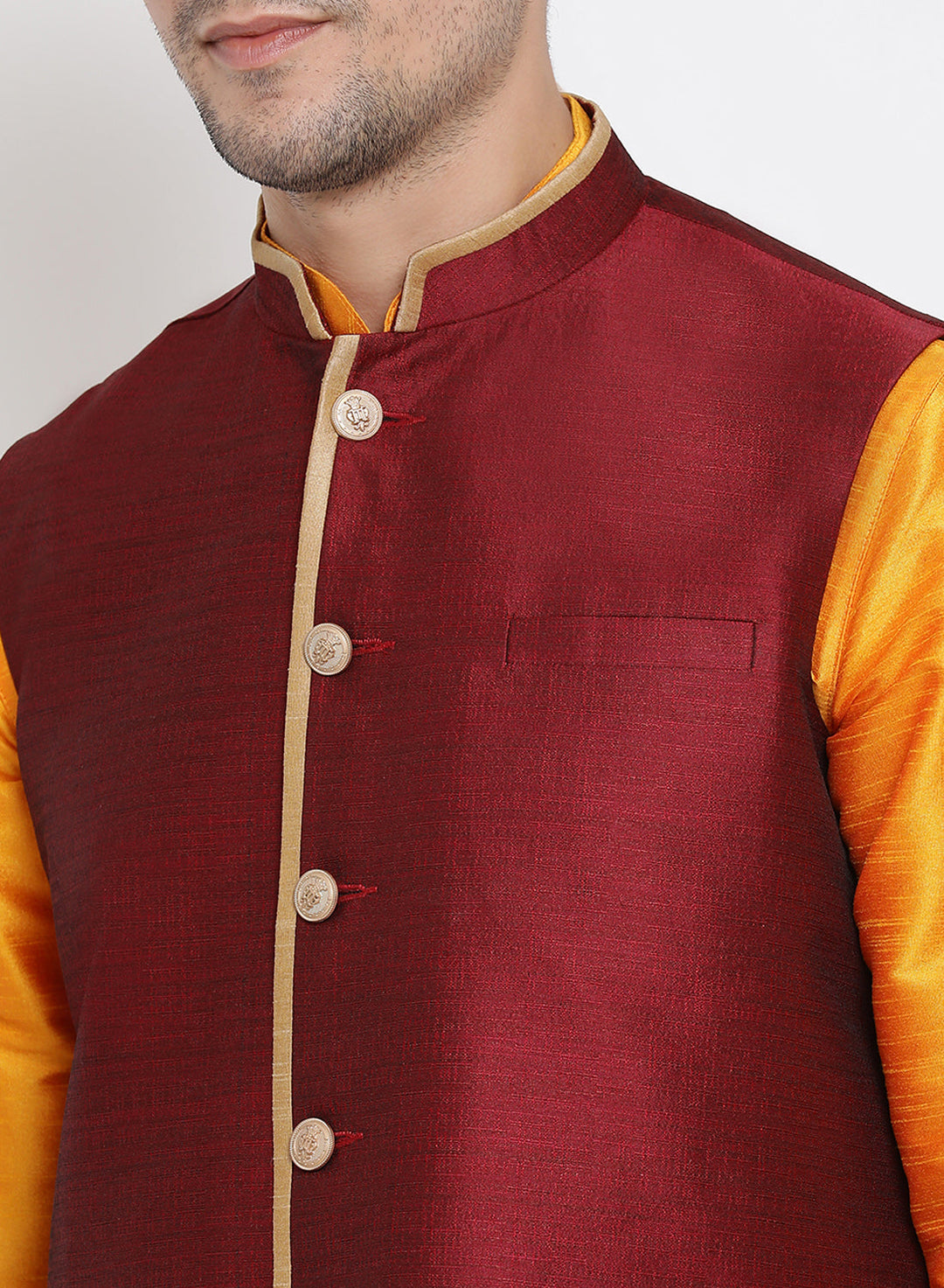 Sarvati Men's Orange Cotton Silk Blend Kurta, Ethnic Jacket and Pyjama Set