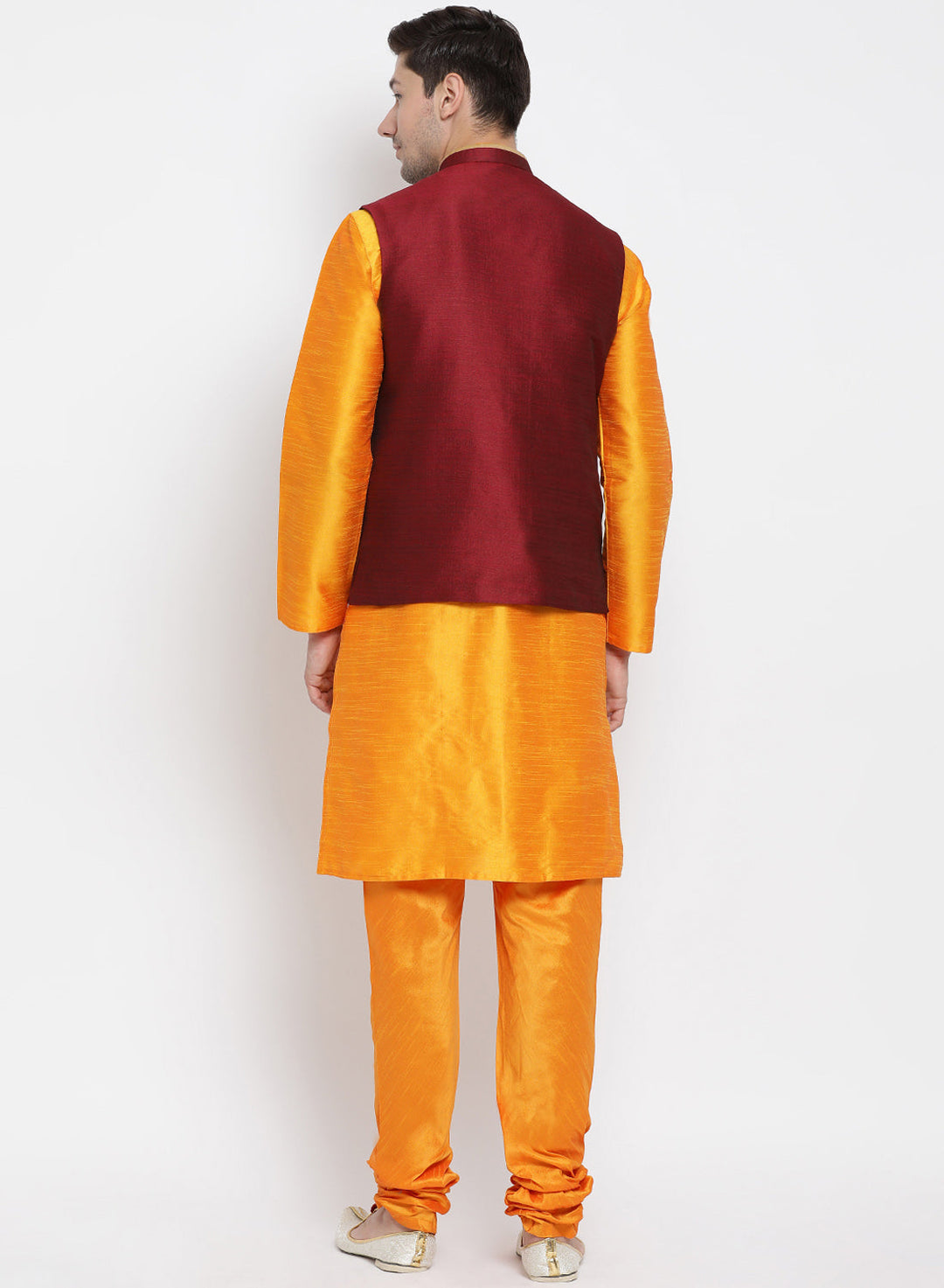 Sarvati Men's Orange Cotton Silk Blend Kurta, Ethnic Jacket and Pyjama Set