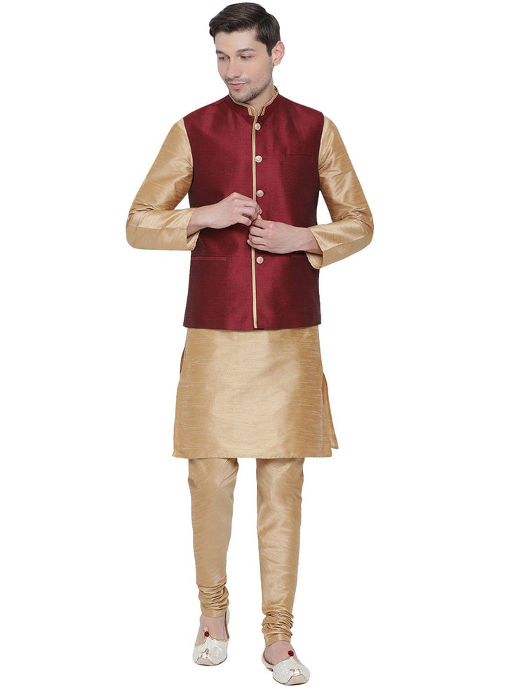 Sarvati Men's Gold Cotton Silk Blend Kurta, Ethnic Jacket and Pyjama Set