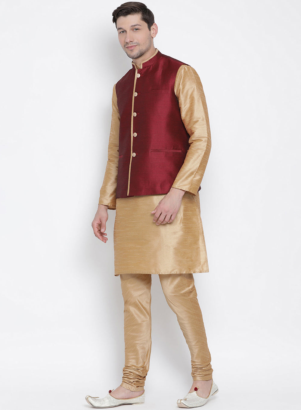 Sarvati Men's Gold Cotton Silk Blend Kurta, Ethnic Jacket and Pyjama Set