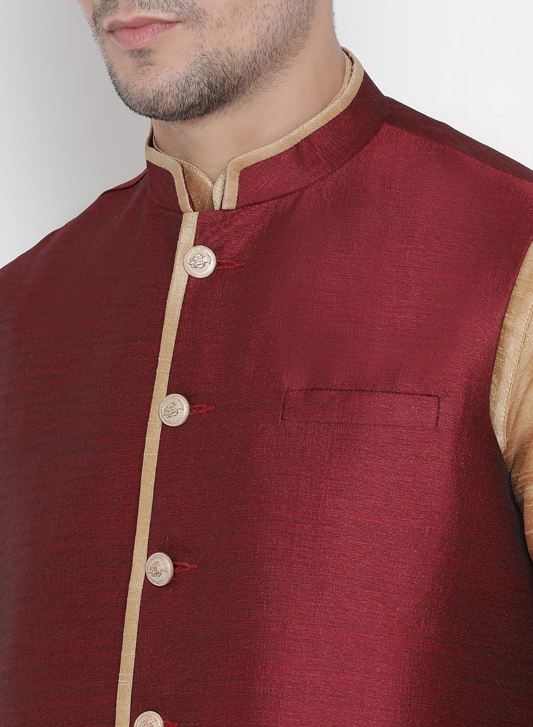 Sarvati Men's Gold Cotton Silk Blend Kurta, Ethnic Jacket and Pyjama Set