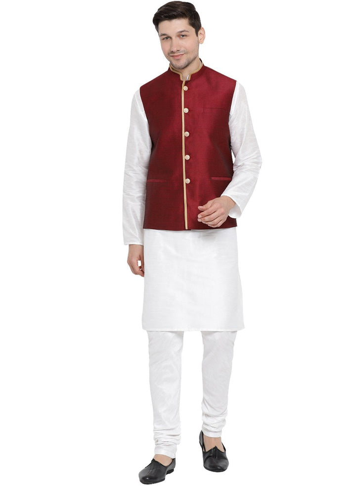 Sarvati Men's White Cotton Silk Blend Kurta, Ethnic Jacket and Pyjama Set