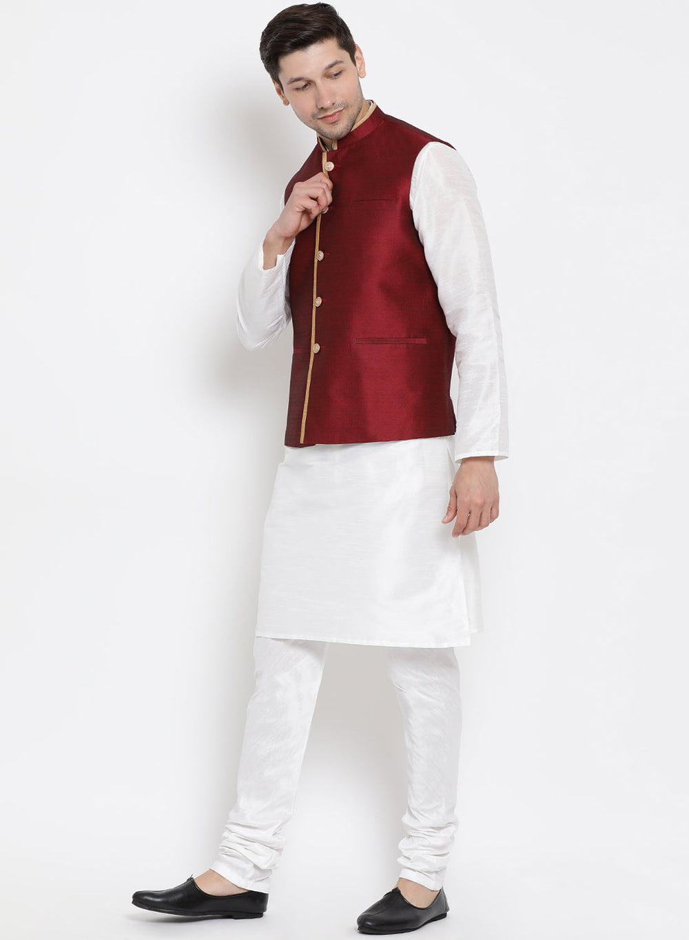 Sarvati Men's White Cotton Silk Blend Kurta, Ethnic Jacket and Pyjama Set