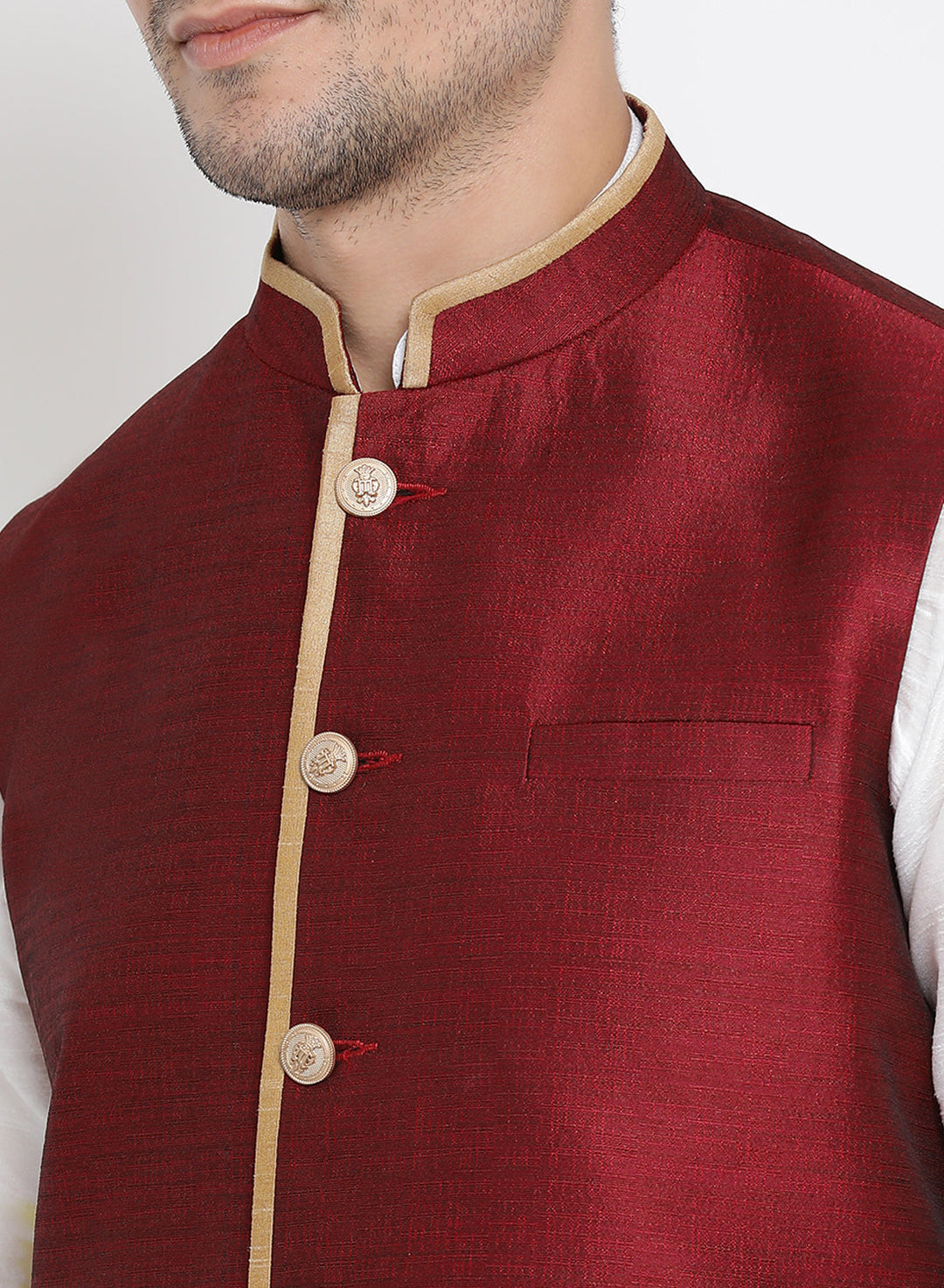 Sarvati Men's White Cotton Silk Blend Kurta, Ethnic Jacket and Pyjama Set