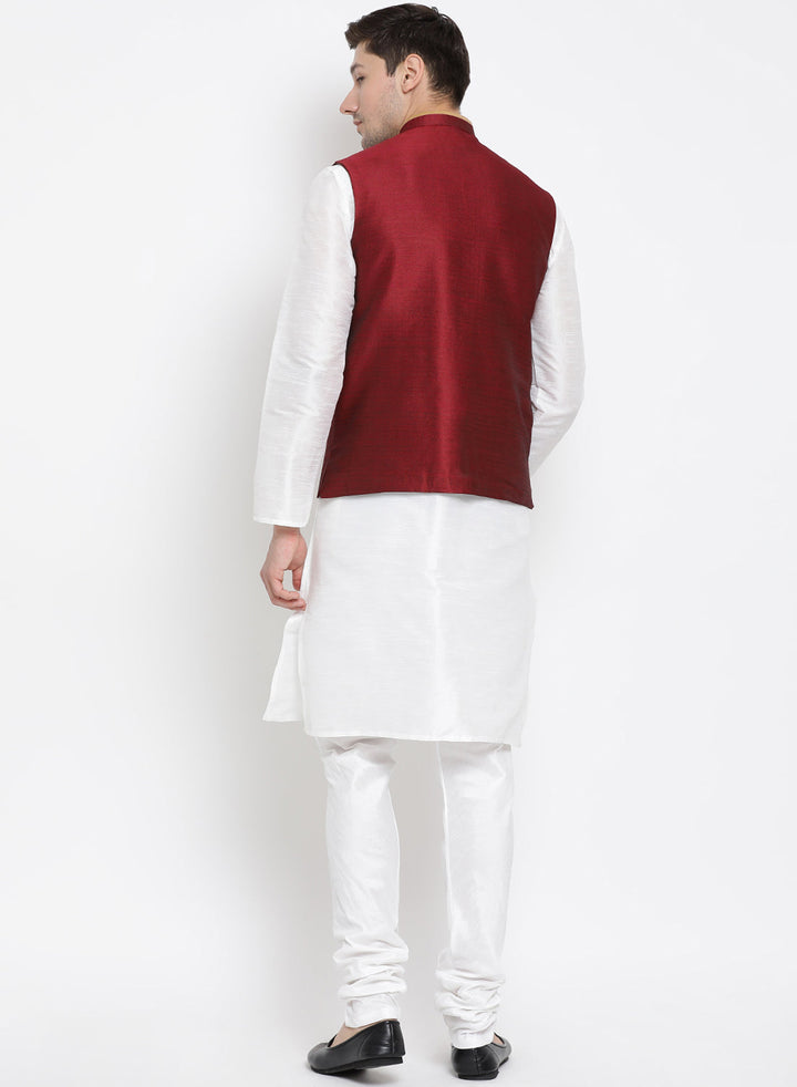 Sarvati Men's White Cotton Silk Blend Kurta, Ethnic Jacket and Pyjama Set