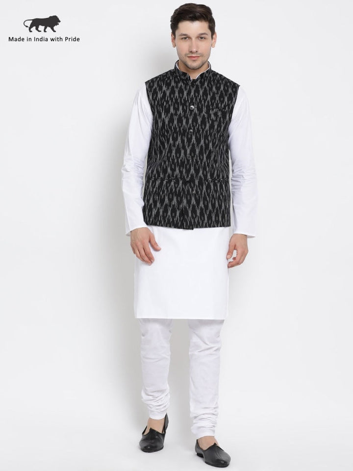 Men's White Cotton Kurta, Ethnic Jacket and Pyjama Set