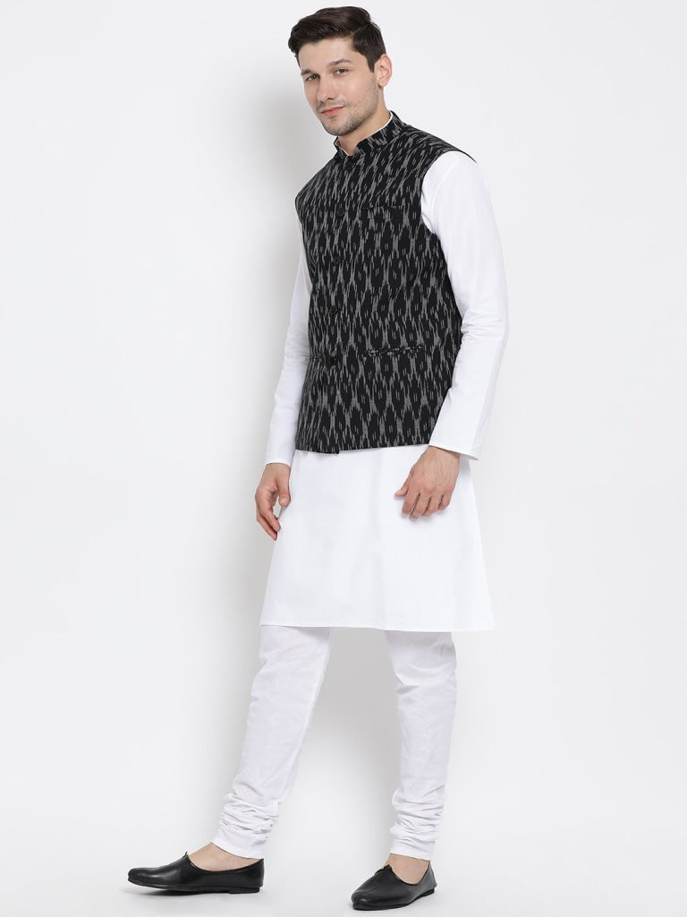 Men's White Cotton Kurta, Ethnic Jacket and Pyjama Set - view 2