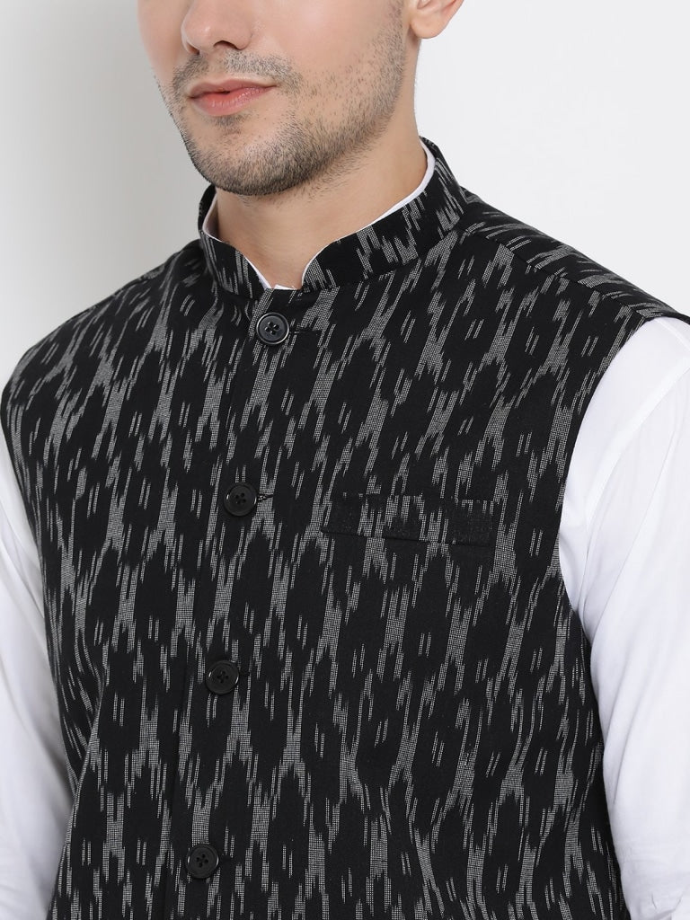 Men's White Cotton Kurta, Ethnic Jacket and Pyjama Set - view 3