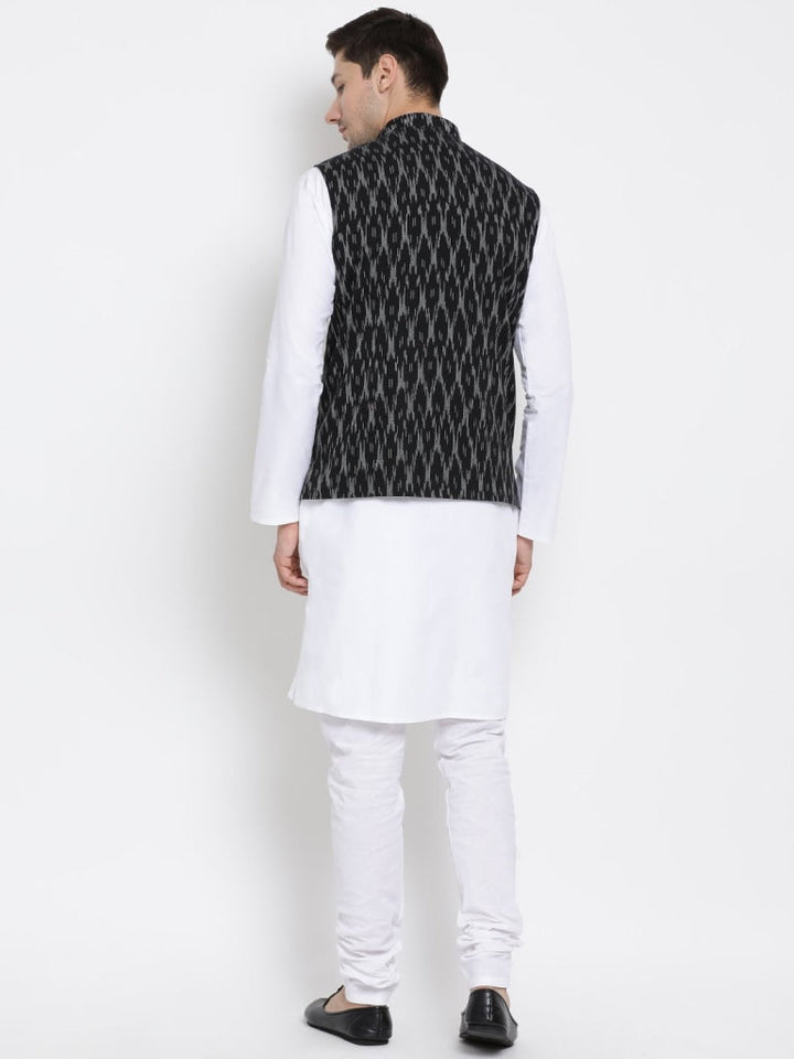 Men's White Cotton Kurta, Ethnic Jacket and Pyjama Set - view 4