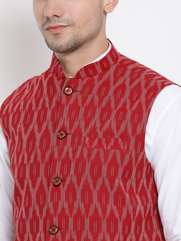 Men's Maroon Cotton Blend Kurta, Ethnic Jacket and Pyjama Set - view 2