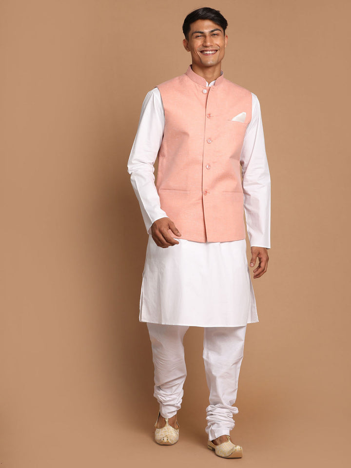 Sarvati Men's White Cotton Kurta, Solid Royal Nehru Jacket and Pyjama Set