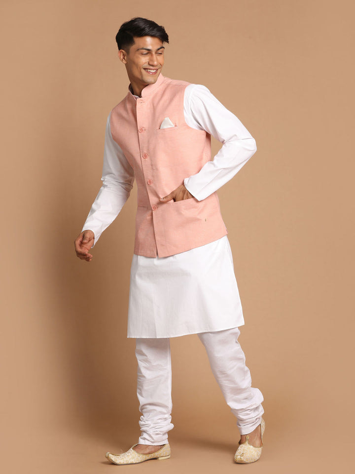 Sarvati Men's White Cotton Kurta, Solid Royal Nehru Jacket and Pyjama Set