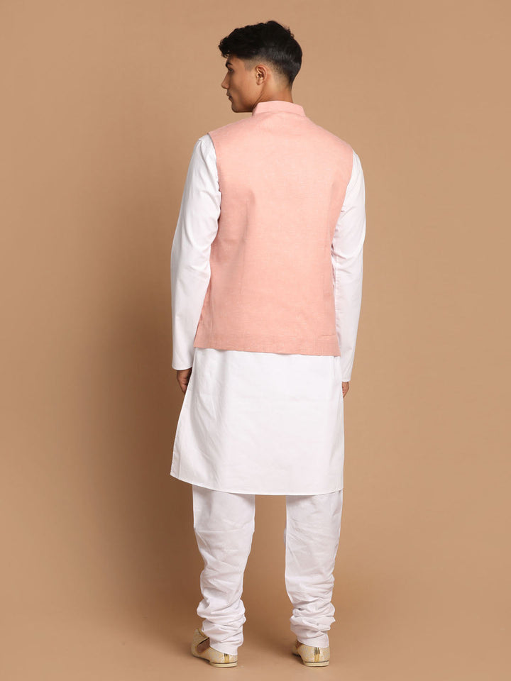 Sarvati Men's White Cotton Kurta, Solid Royal Nehru Jacket and Pyjama Set