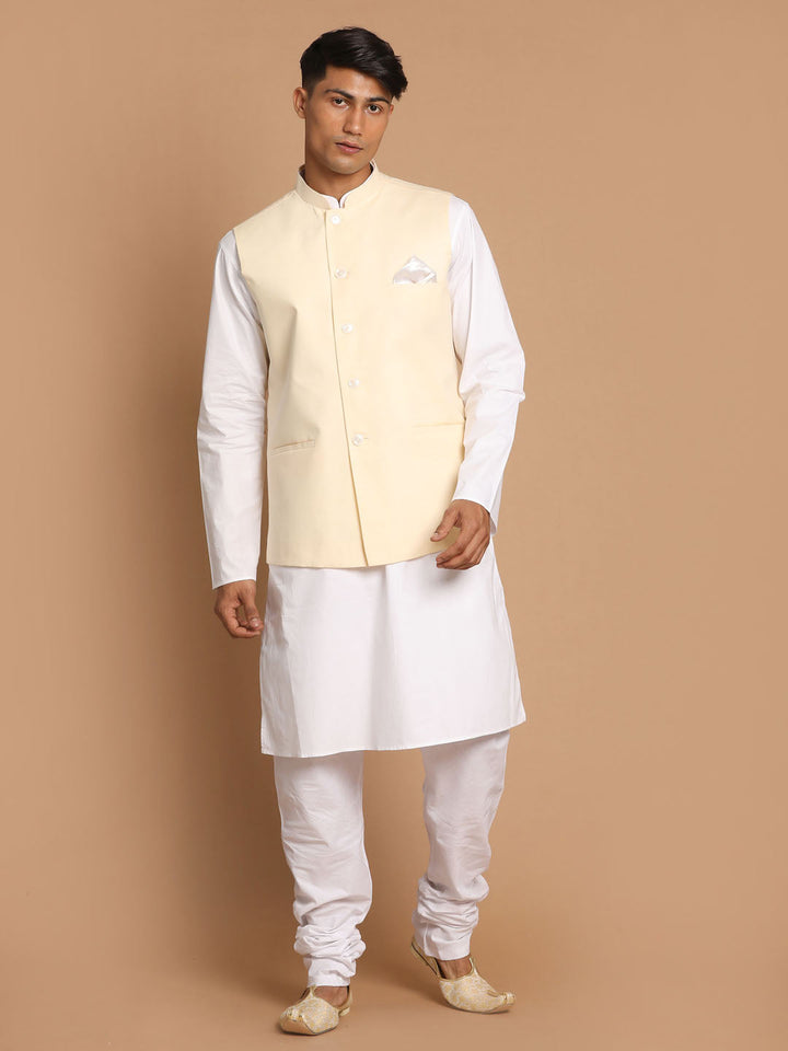 Sarvati Men's White Cotton Kurta, Solid Royal Nehru Jacket and Pyjama Set