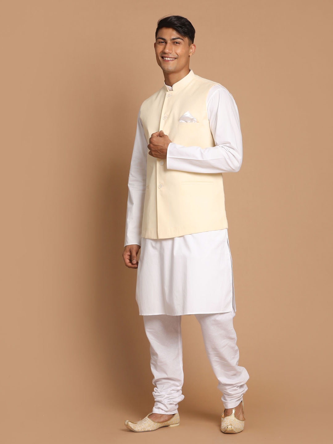 Sarvati Men's White Cotton Kurta, Solid Royal Nehru Jacket and Pyjama Set