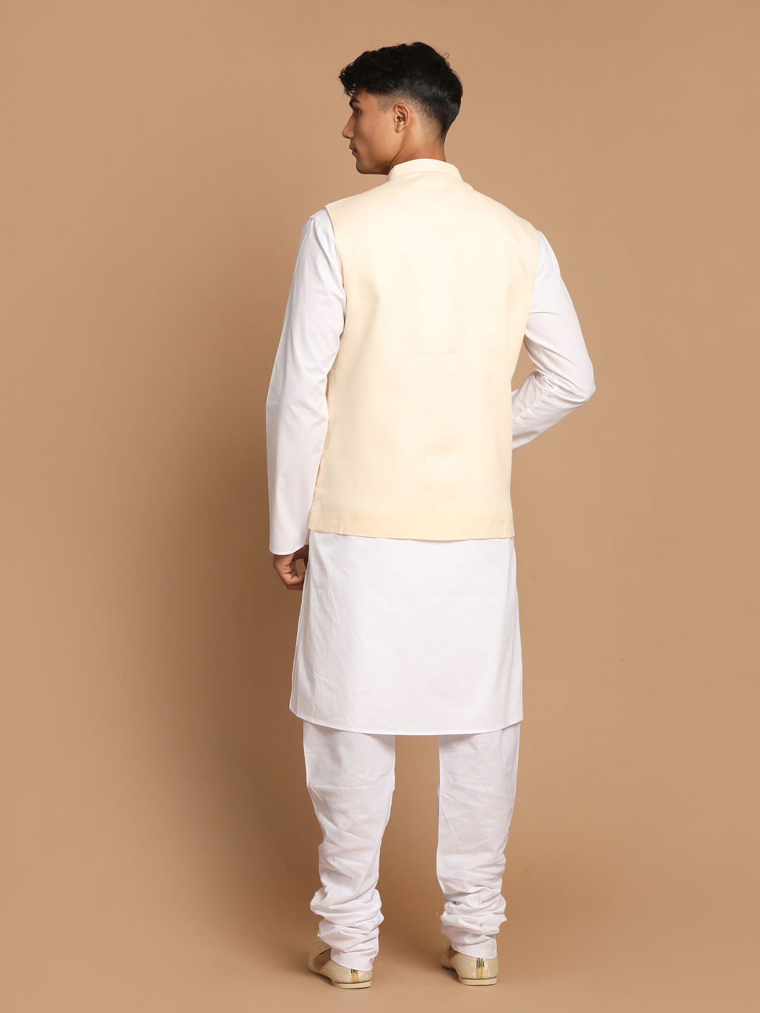 Sarvati Men's White Cotton Kurta, Solid Royal Nehru Jacket and Pyjama Set