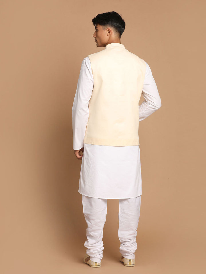 Sarvati Men's White Cotton Kurta, Solid Royal Nehru Jacket and Pyjama Set