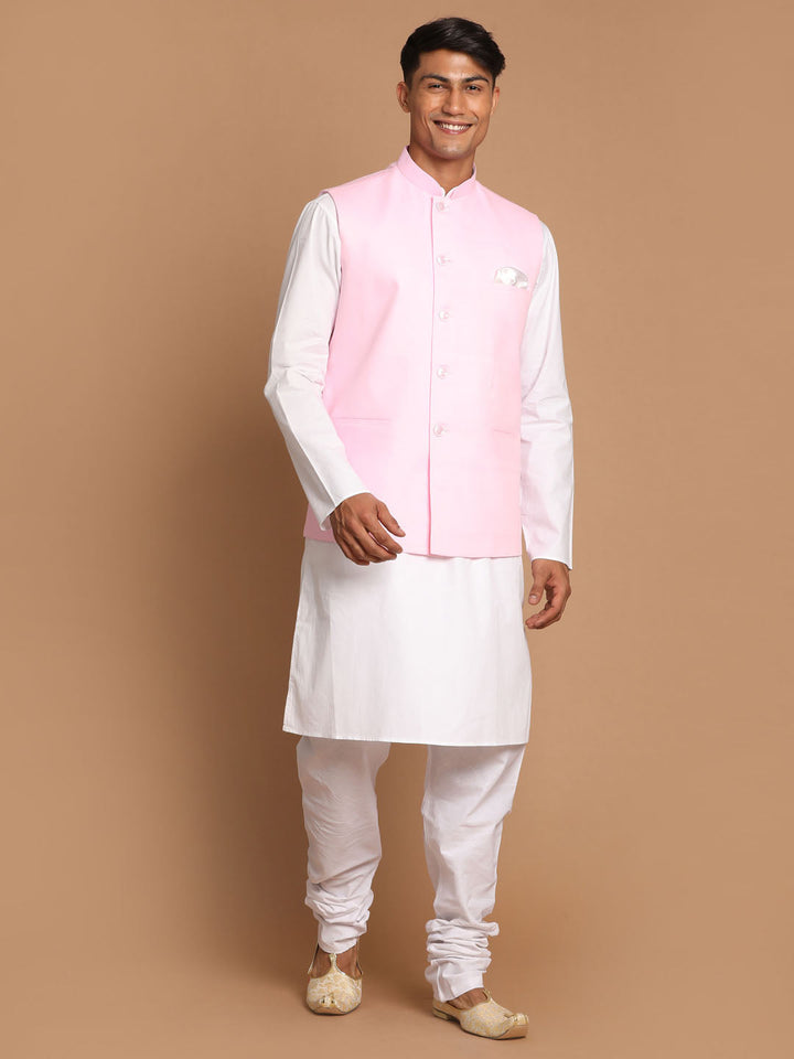 Sarvati Men's White Cotton Kurta, Solid Royal Nehru Jacket and Pyjama Set