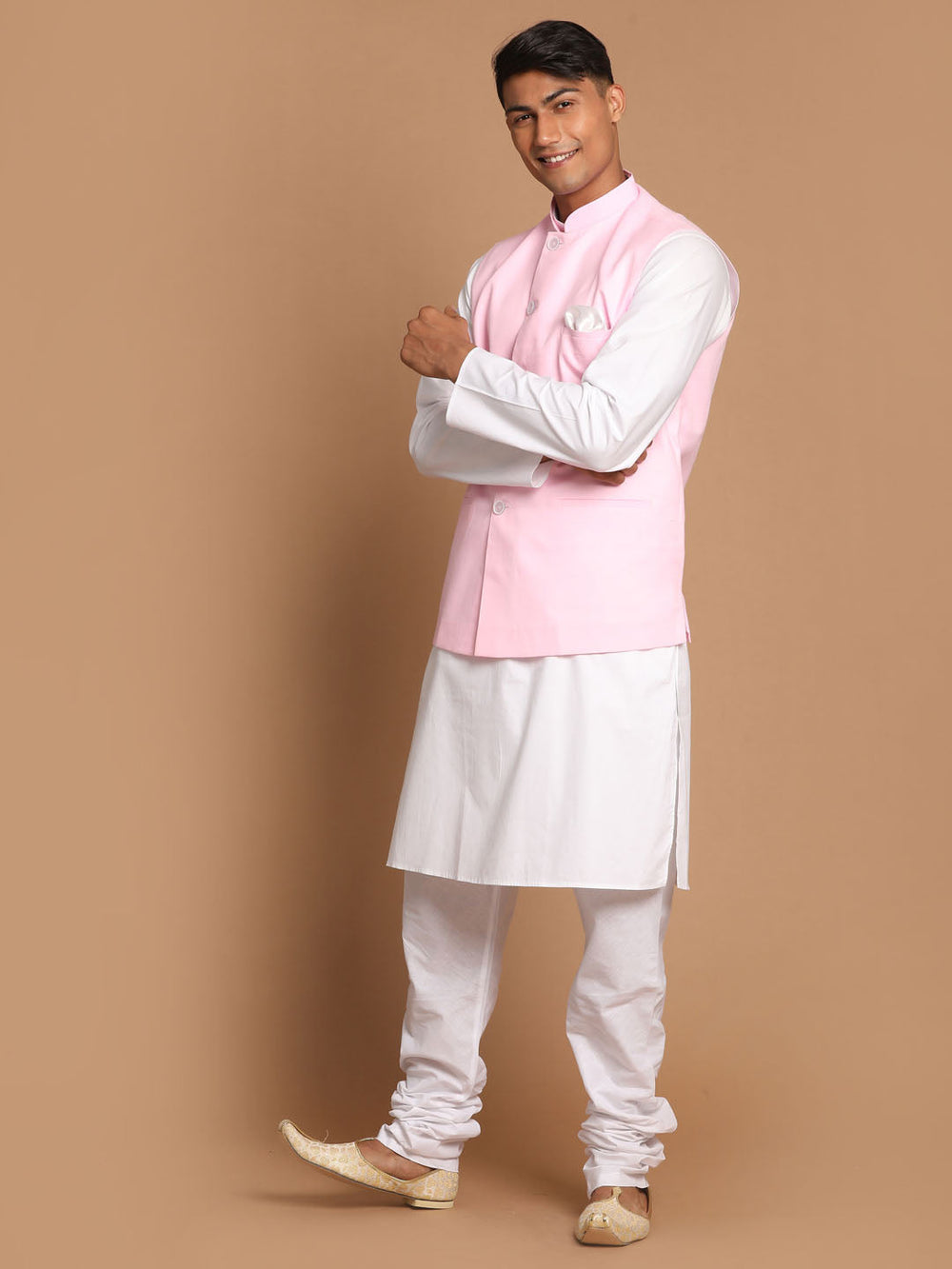 Sarvati Men's White Cotton Kurta, Solid Royal Nehru Jacket and Pyjama Set