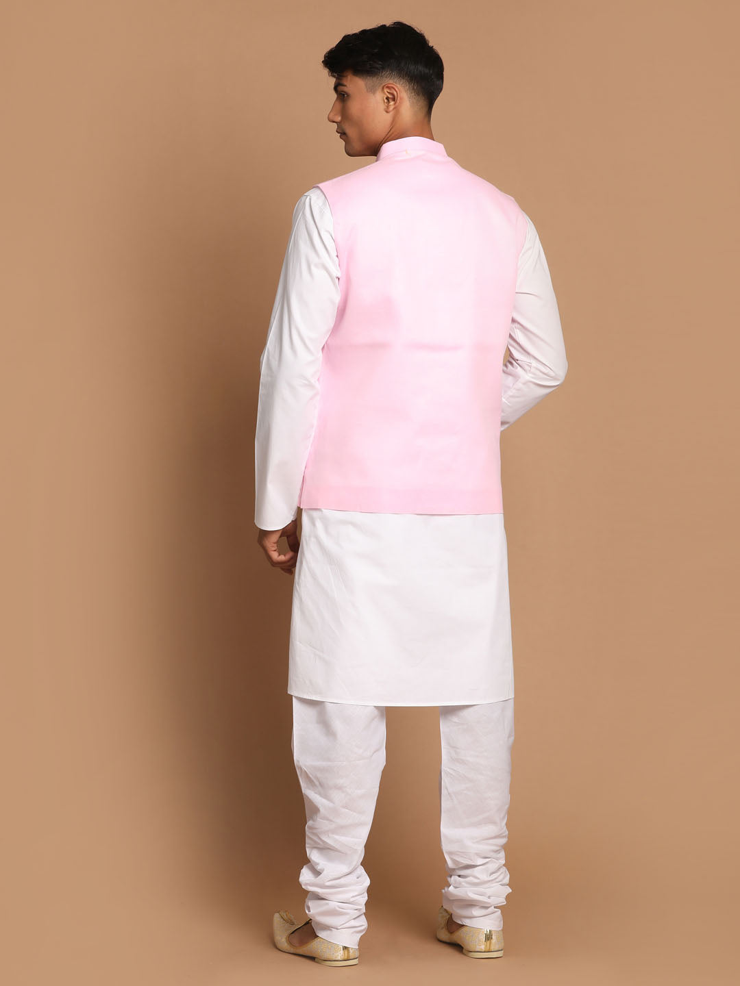 Sarvati Men's White Cotton Kurta, Solid Royal Nehru Jacket and Pyjama Set