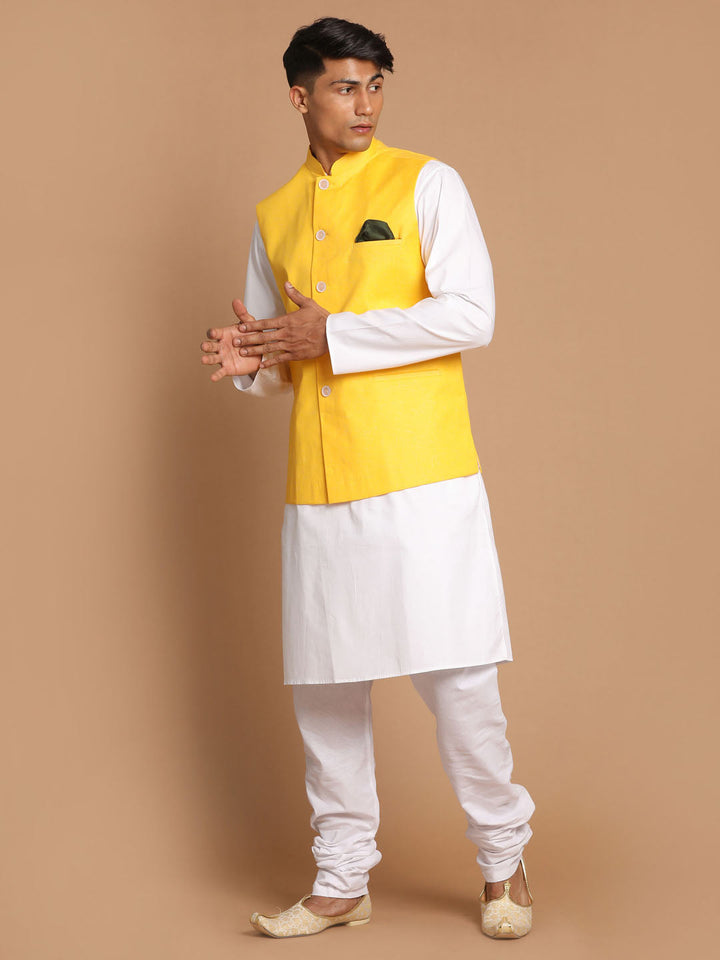 Sarvati Men's White Cotton Kurta, Solid Royal Nehru Jacket and Pyjama Set