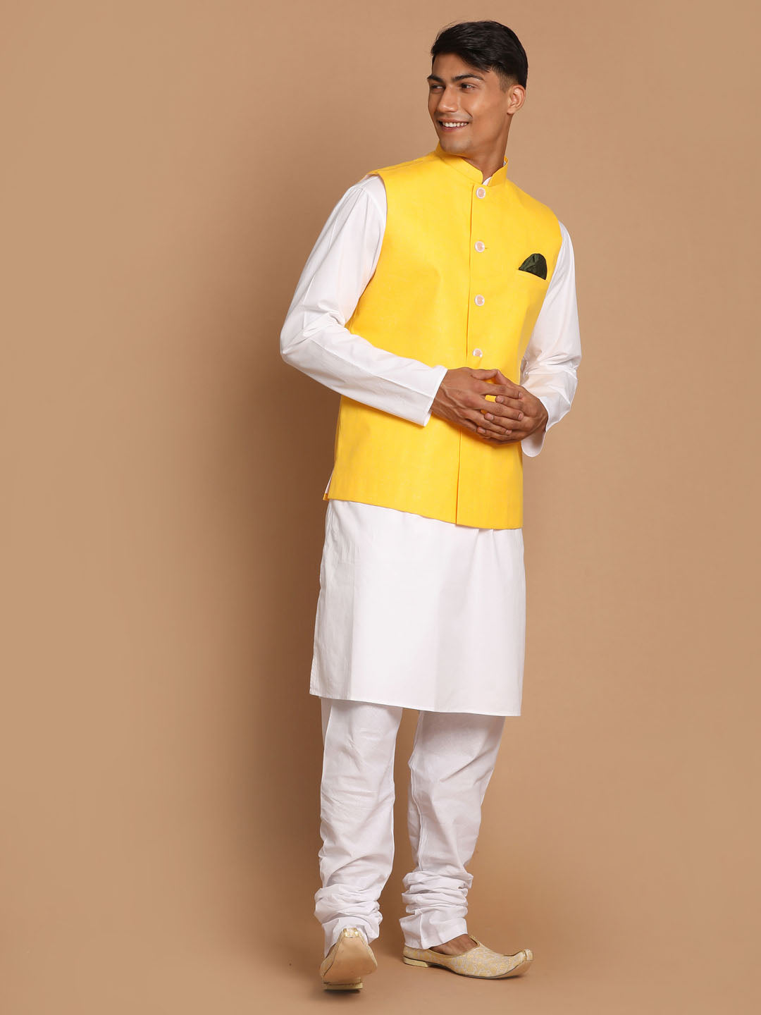 Sarvati Men's White Cotton Kurta, Solid Royal Nehru Jacket and Pyjama Set