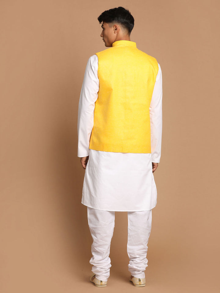 Sarvati Men's White Cotton Kurta, Solid Royal Nehru Jacket and Pyjama Set