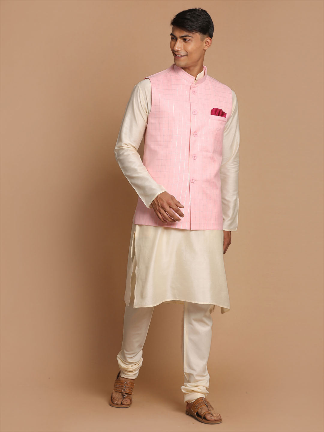 Sarvati Men's Cream Cotton Kurta, Checkered Royal Linen Nehru Jacket and Pyjama Set