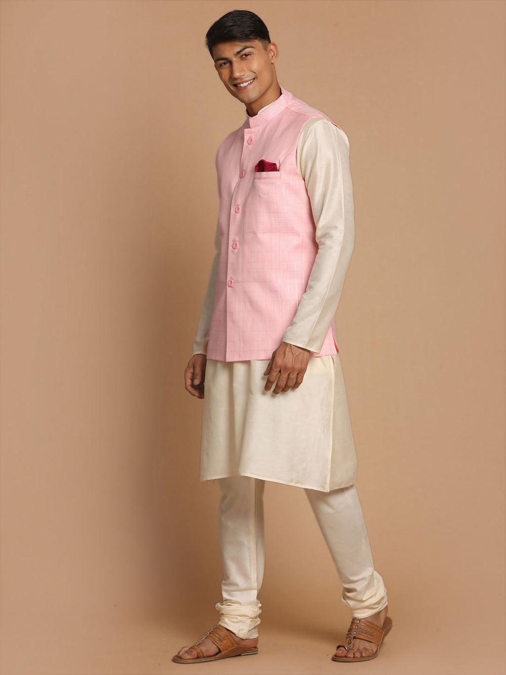 Sarvati Men's Cream Cotton Kurta, Checkered Royal Linen Nehru Jacket and Pyjama Set