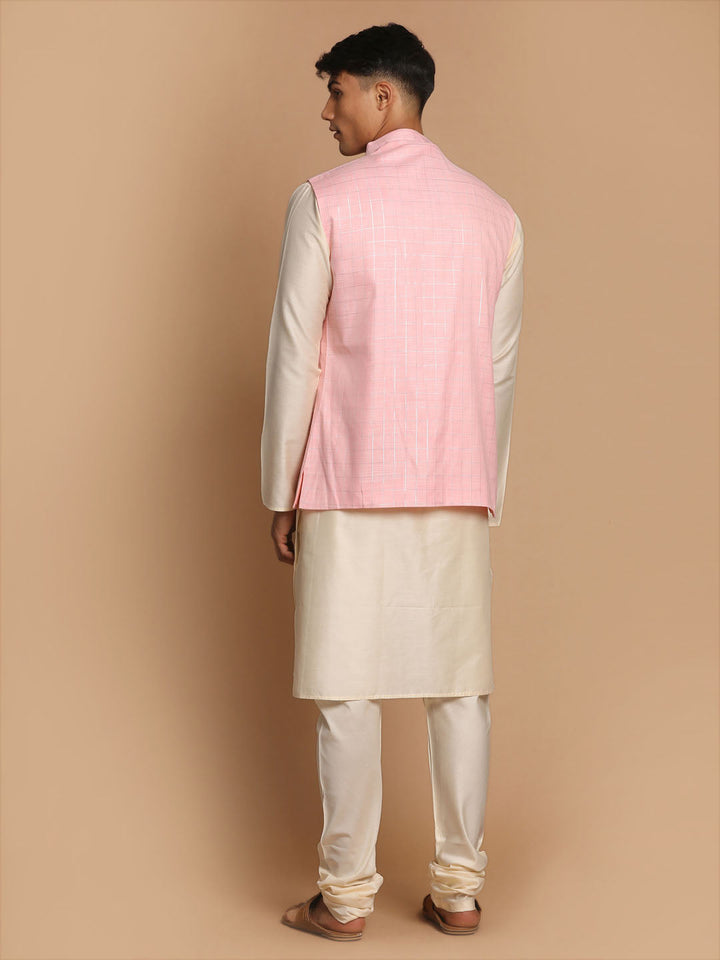 Sarvati Men's Cream Cotton Kurta, Checkered Royal Linen Nehru Jacket and Pyjama Set