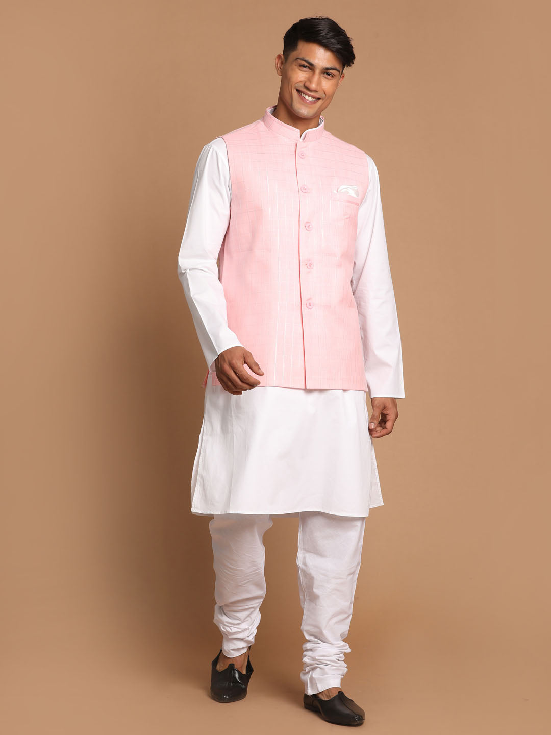 Sarvati Men's White Cotton Kurta, Checkered Royal Linen Nehru Jacket and Pyjama Set