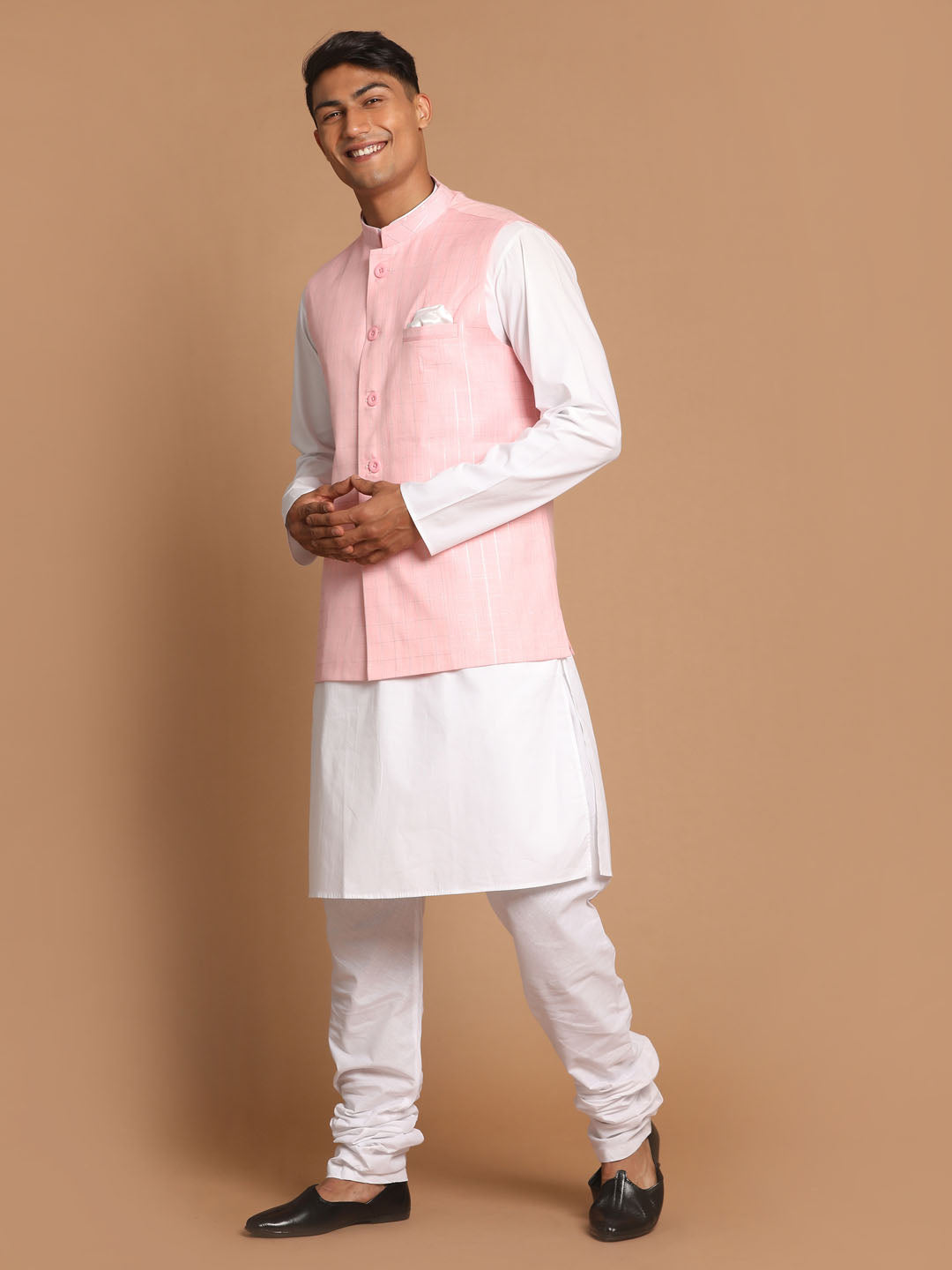 Sarvati Men's White Cotton Kurta, Checkered Royal Linen Nehru Jacket and Pyjama Set