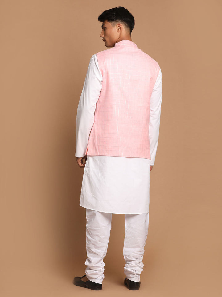 Sarvati Men's White Cotton Kurta, Checkered Royal Linen Nehru Jacket and Pyjama Set