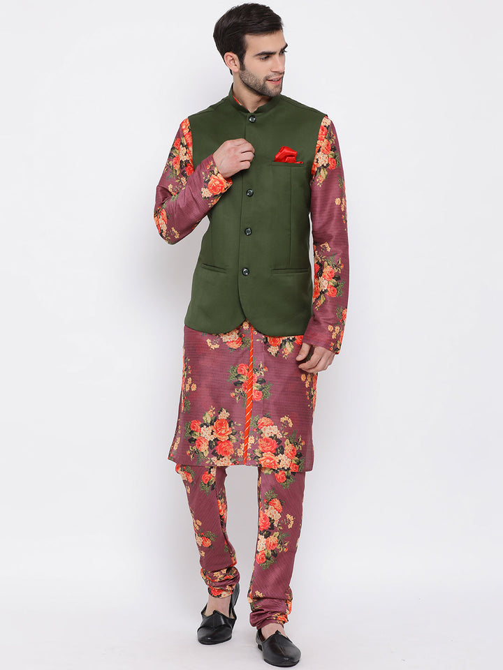 Sarvati Men's Green Twill Jacket, Printed Kurta and Pyjama Set