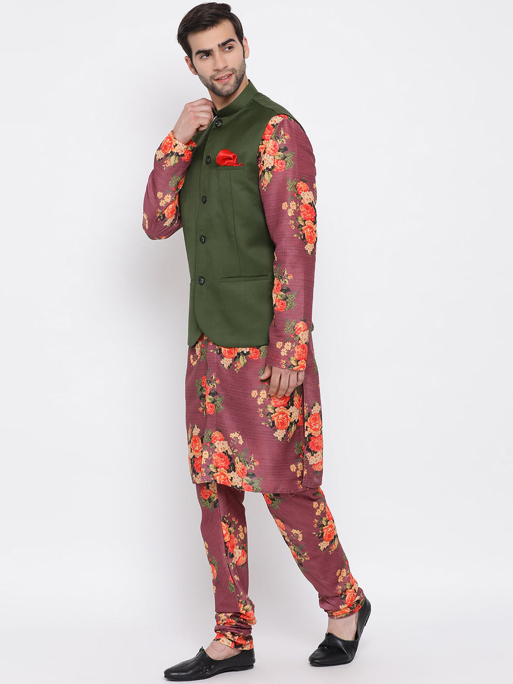 Sarvati Men's Green Twill Jacket, Printed Kurta and Pyjama Set