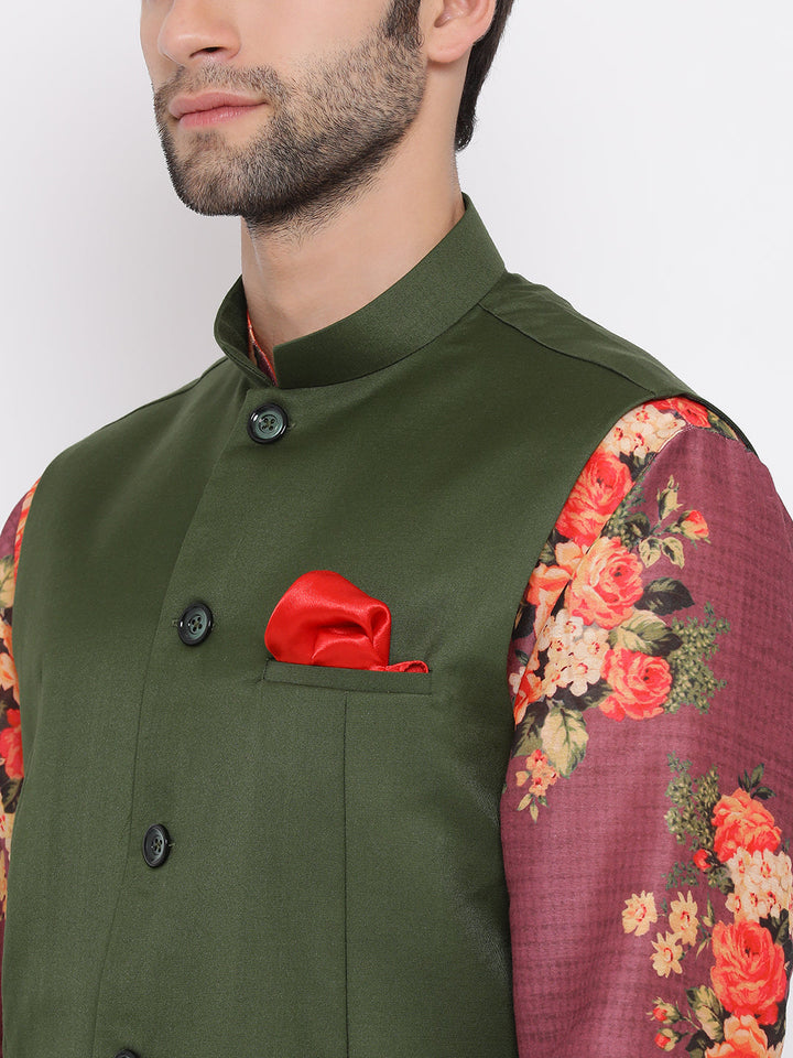 Sarvati Men's Green Twill Jacket, Printed Kurta and Pyjama Set