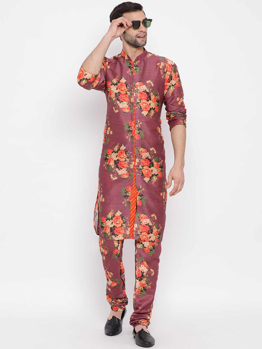 Sarvati Men's Green Twill Jacket, Printed Kurta and Pyjama Set