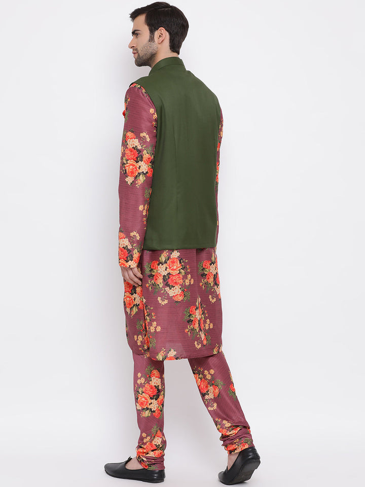 Sarvati Men's Green Twill Jacket, Printed Kurta and Pyjama Set